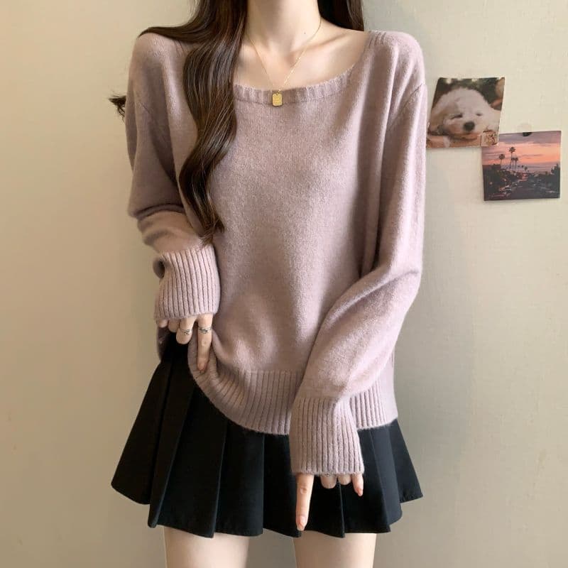 Spring Plus Size Temperament Collarbone-Revealing Square Neck Base Layer Top Women's New Sweater Slimming Versatile Long Sleeve New Shirt