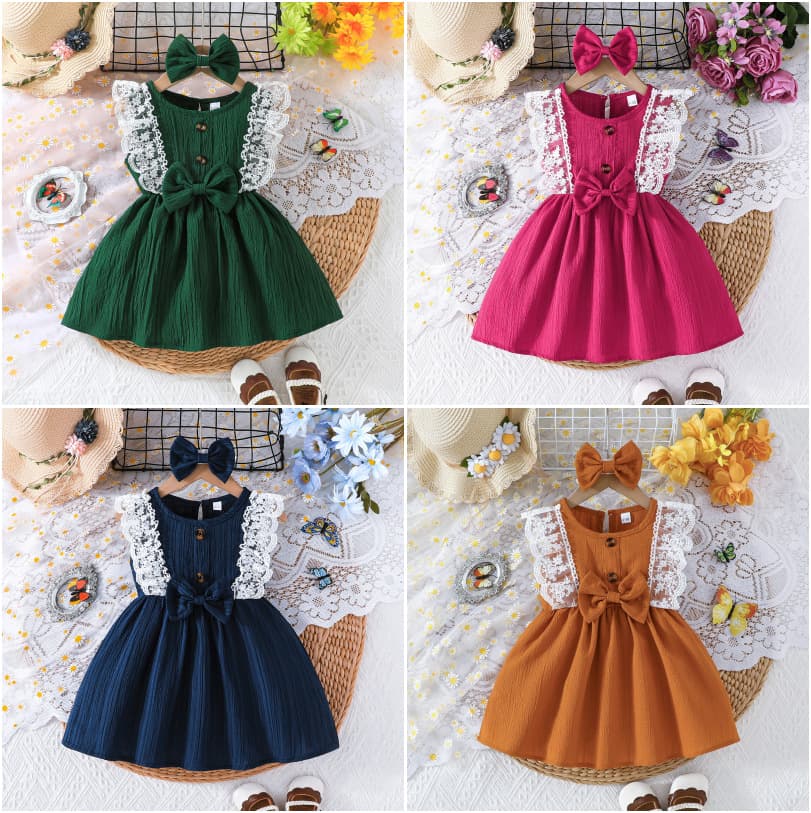 Cross-border new product summer round neck lace solid color sleeveless dress casual cute ready-made skirt + headscarf