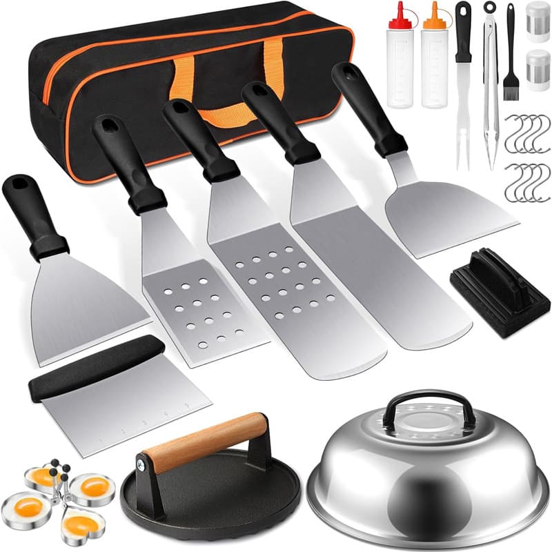 Amazon In-Stock Stainless Steel BBQ Tool Set with Cast Iron Meat Press, Outdoor BBQ Cooking Spatula Combo