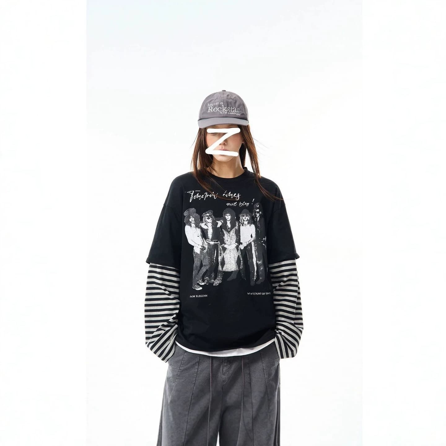 Men's Streetwear Spring Striped Patchwork Loose Top Hip-Hop Rock Portrait Print Fake Two-Piece Long-Sleeve T-Shirt
