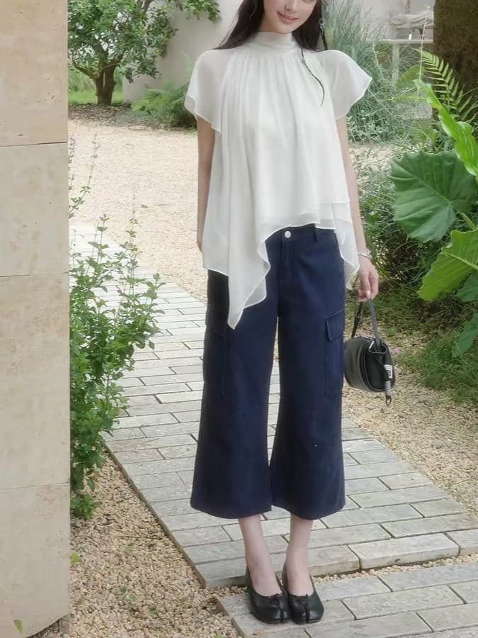 Xie Burou Half High Stand Collar Ruffled Small Flutter Sleeve Chiffon Blouse Women Summer Gentle Age-Reducing Irregular Loose Top