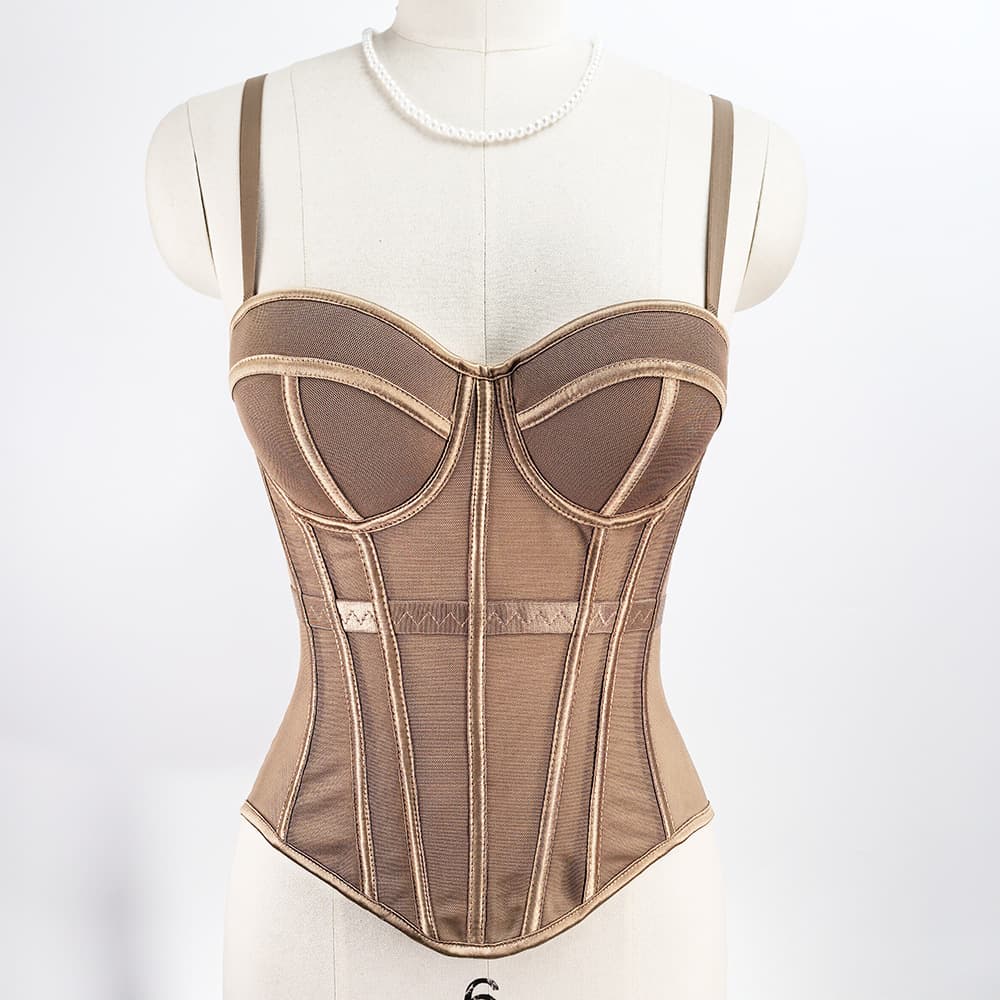 European and American Style Fishbone Corset Knit Mesh Solid Color Camisole, Slimming Backless Design with Padded Cups, Wear-Out Corset Top