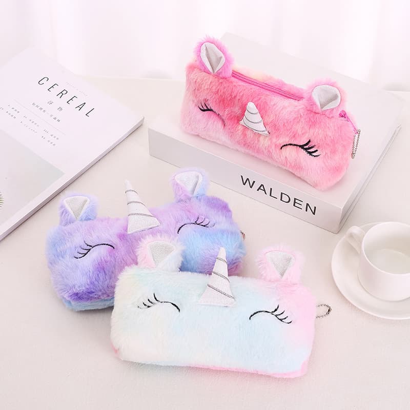Cross-border Korean-style Cute Rainbow Plush Unicorn Large-capacity Pencil Case Student Stationery Women's Cosmetic Bag Wholesale