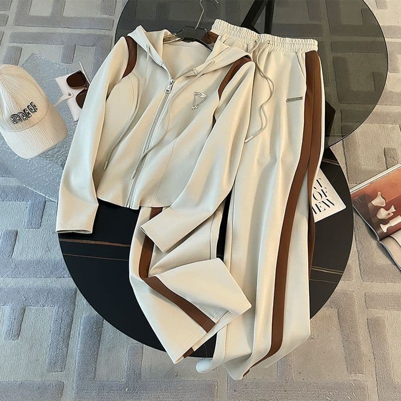Early Autumn New Casual Sportswear Set Korean Fashion Women's Hooded Zip-Up Sweatshirt Jacket Wide-Leg Pants Two-Piece Set