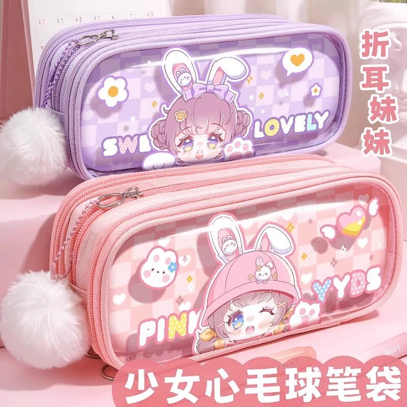 Promotional Classic Foldable Ear Sister Clever Sister Large Capacity Multi-Layer Sweet Style Girl Pom-Pom Lace Pen Bag