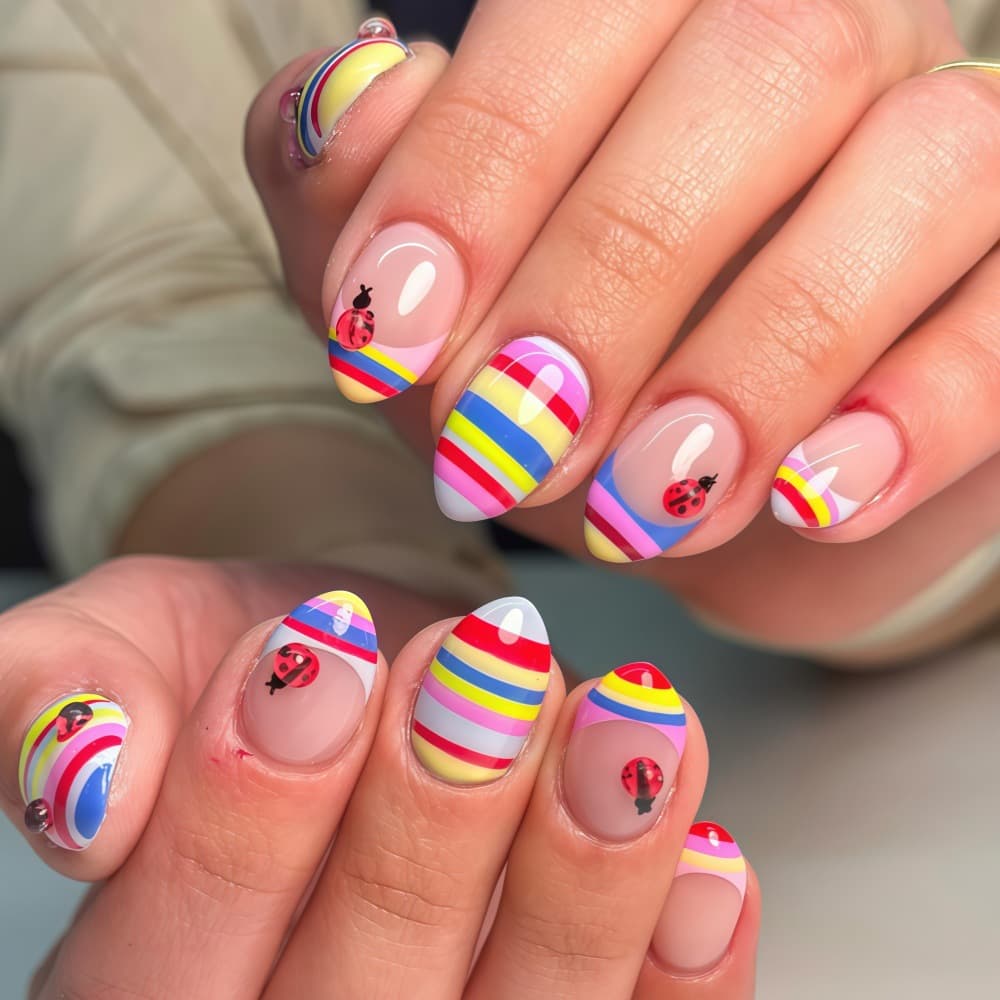 Dopamine Rainbow Stripes Embossed Ladybug Almond Wearing Nails Macaron Childlike Nail Art Fresh French Fake Nails