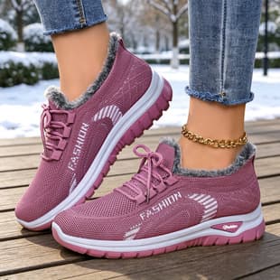 Winter Women's Shoes, Fleece-Lined, Knitted Mesh Upper, Soft Sole, Mom Shoes, Middle-Aged & Senior, Casual Walking Sneakers