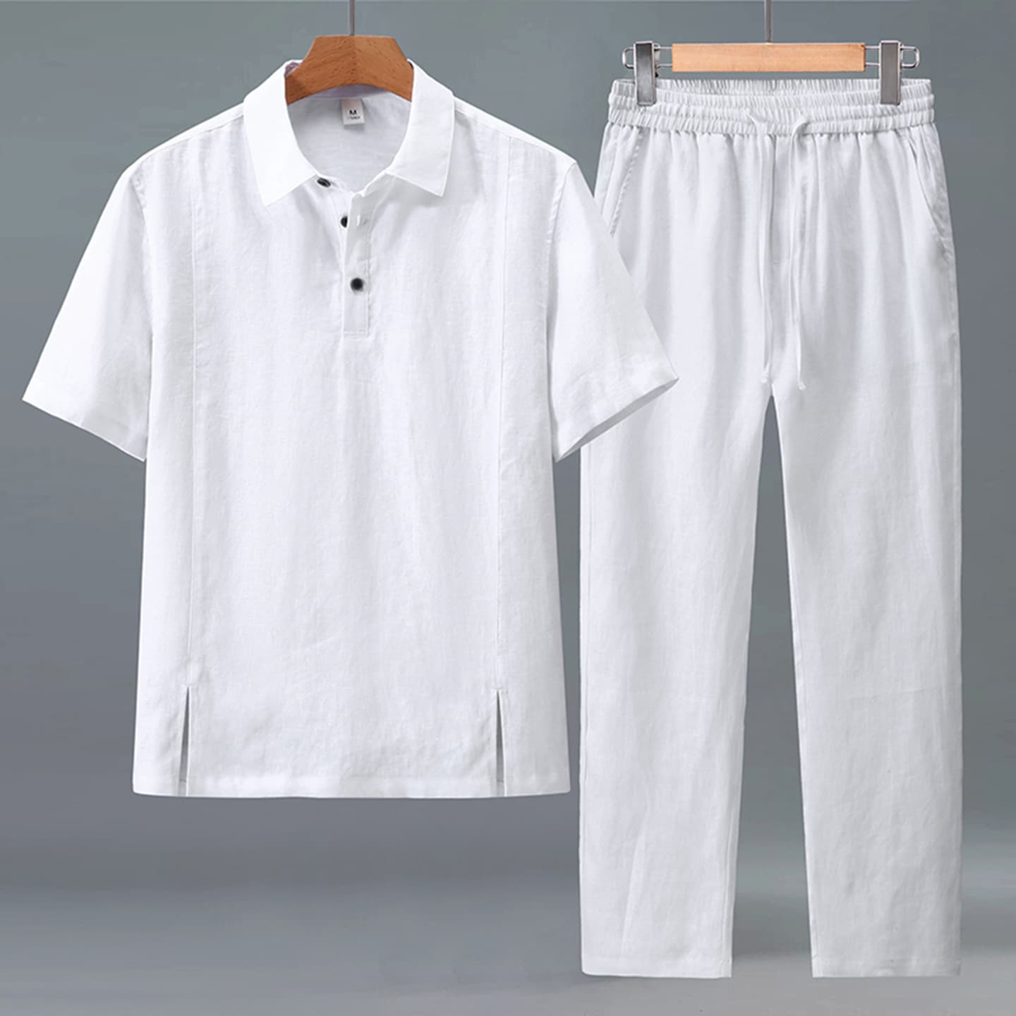 1517+3047 Chinese linen shirt men's summer short-sleeved trousers loose thin linen POLO shirt suit