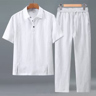 1517+3047 Chinese-Style Linen Shirt for Men, Summer Short-Sleeve with Loose Pants, Thin Linen Polo Set