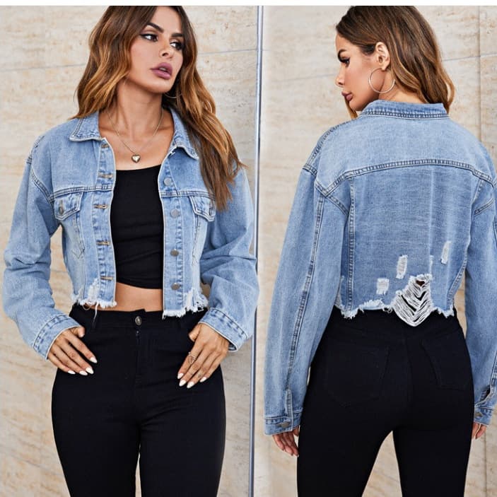 European and American Style 2025 New Women's Fashion Turn-down Collar Button Distressed Frayed Long Sleeve Cropped Denim Jacket Coat