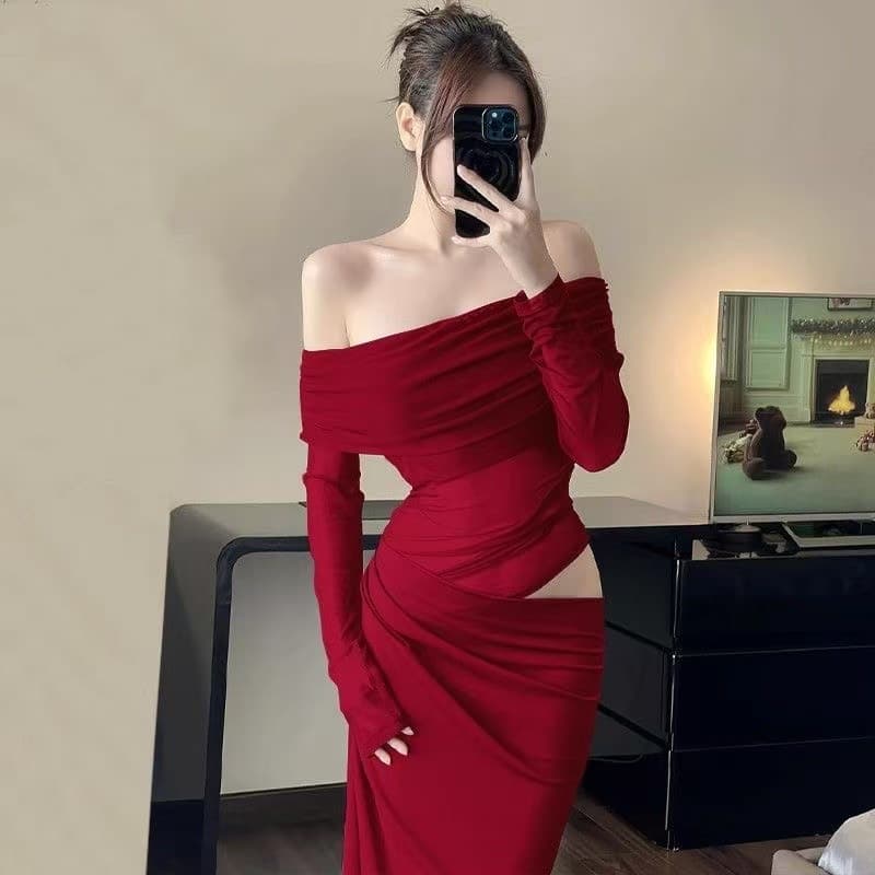 Original Fabric Sexy Purple French Socialite Style Mesh Patch One-Shoulder Dress with Ruffles for Women