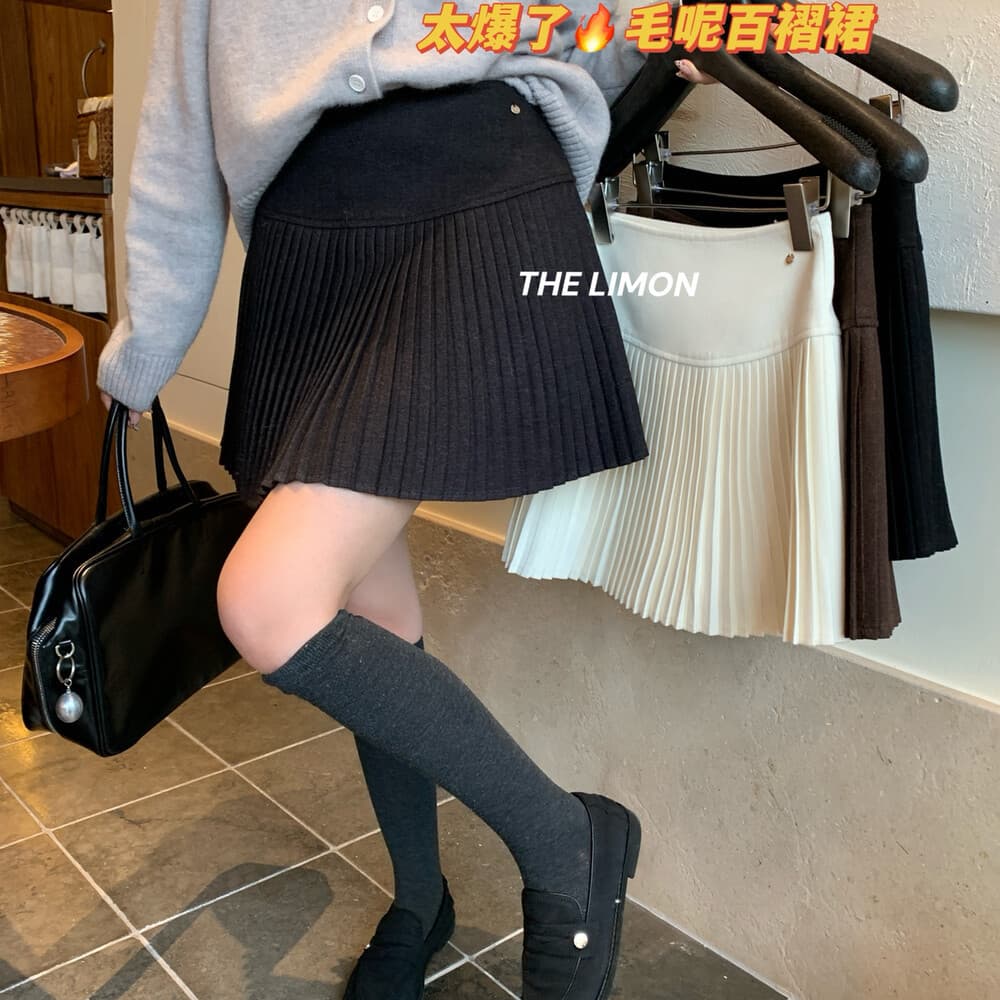 Limon Lemon Green Tea Winter College Style High-Waist Pleated Skirt for Women, Woolen A-Line Versatile Short Skirt