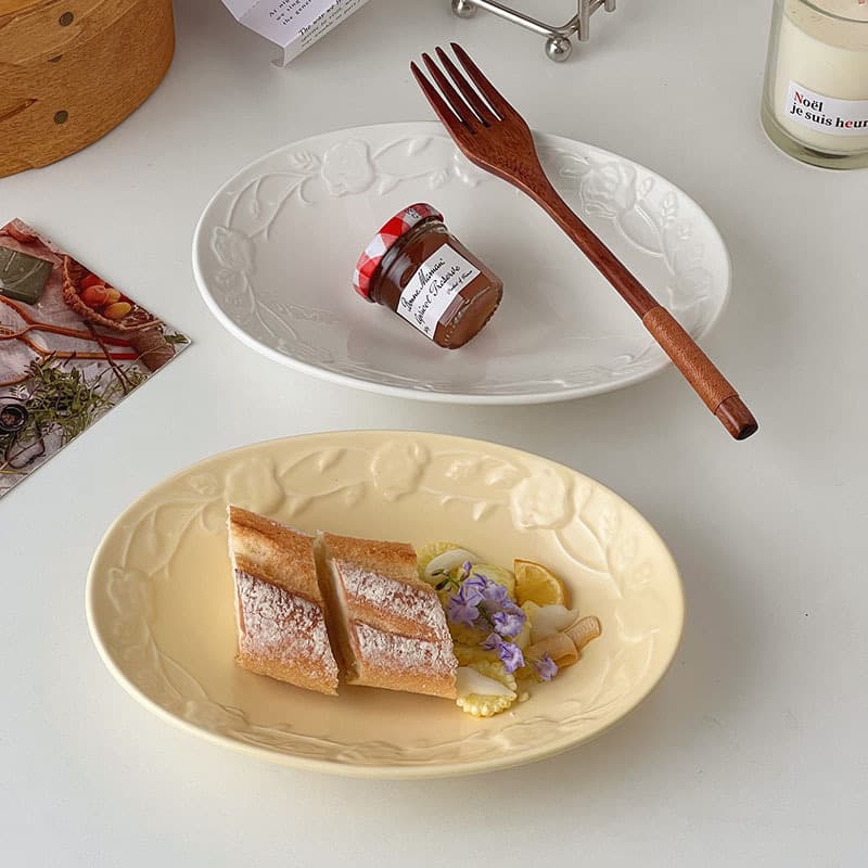 Pure white embossed oval deep plate, versatile 8-inch ceramic plate, rose plate, salad, premium