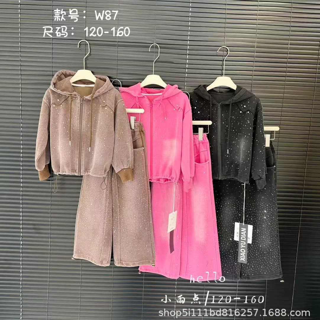 Libeitong Children's Clothing Girls' Rhinestone Washed-Dye Set Casual Two-Piece Set Sizes 120-160 2026 Autumn Style xyd