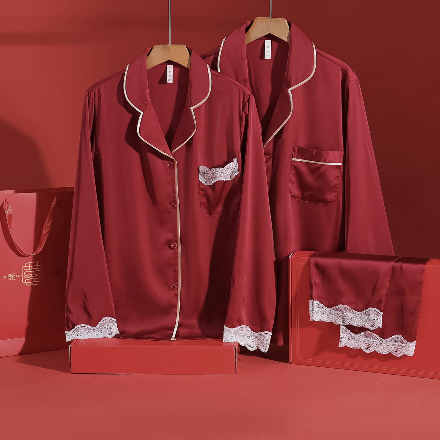High-End Wedding Pajama Set for Couples, Ice Silk Red Festive Bridal Pajamas for Men and Women, Premium Dowry Suit