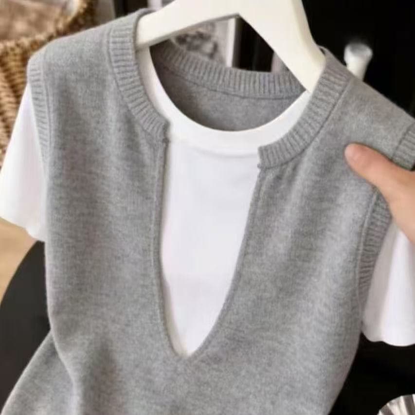 Korean Fashion High-End Short Sleeve Knit Top for Women 2026 Summer New Slim Fit Versatile Pullover