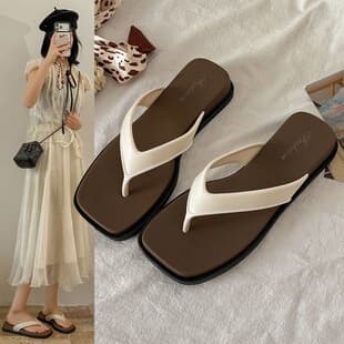 Summer Casual Versatile Flip Flops for Women, Thick Sole Wedge Retro Color Block High-End Beach Sandals Outdoor