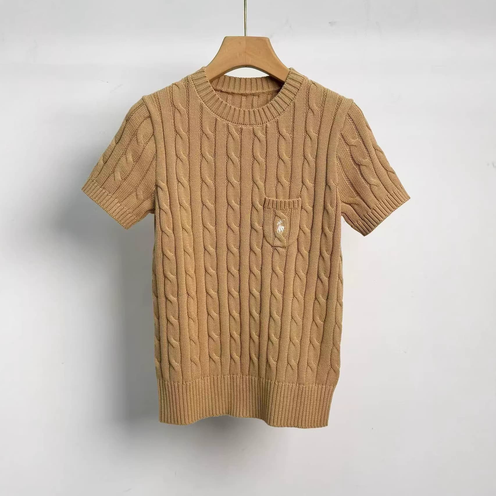 High-quality RL Ralph Lauren Pony Cable Knit Short Sleeve with Pony Embroidery, Pocket Style