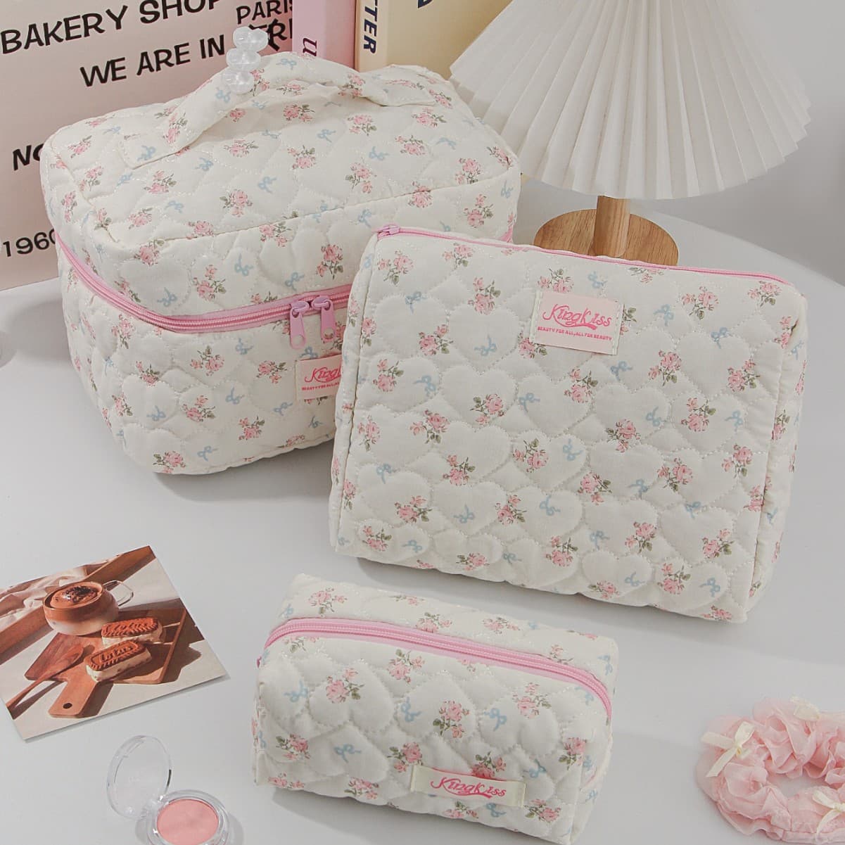 Bow Flower Makeup Bag Ins Style Large Capacity Storage Bag Women's Toiletry Bag Travel Portable Cosmetic Organizer