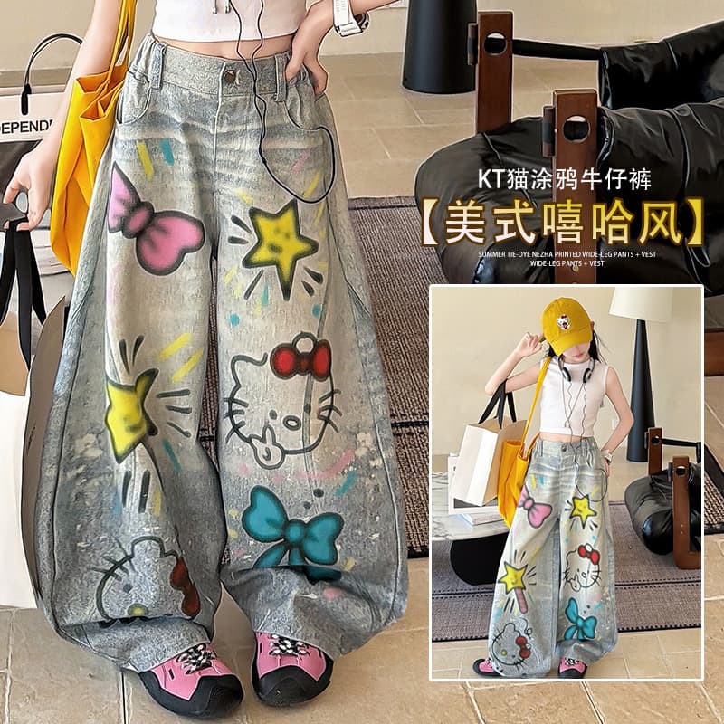 Girls' Jeans 2026 Spring/Autumn New Arrival American Style Design Cartoon Print Straight Loose Wide Leg Long Pants Trendy