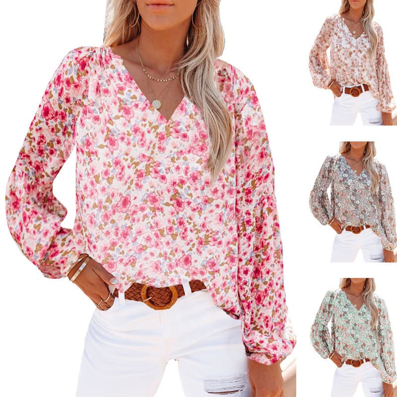 2022 New Amazon Fall/Winter Women's V-Neck Chiffon Top with Lantern Sleeves, Floral Print Chiffon Blouse