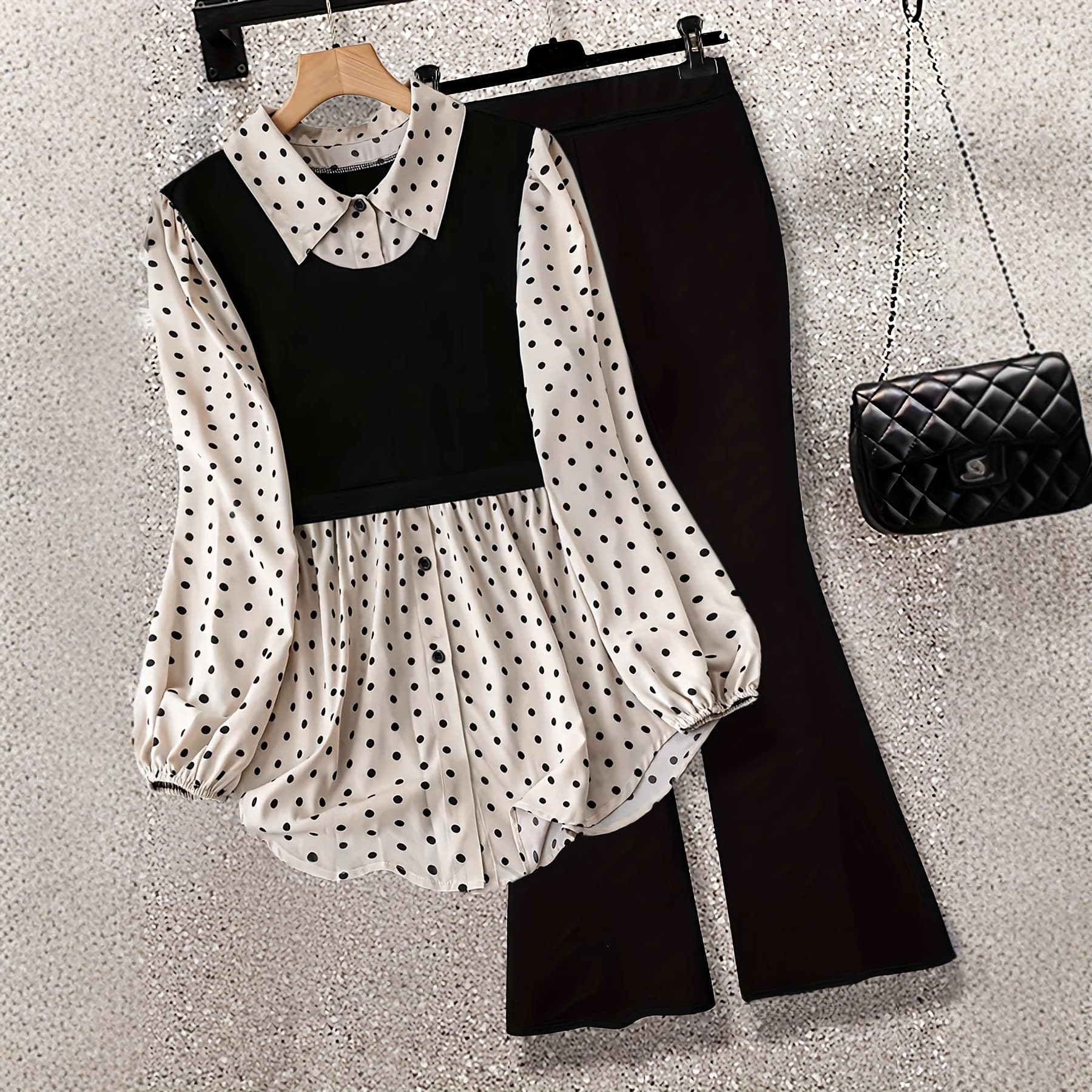 European and American Cross-border Women's Plus Size Autumn Polka Dot Patchwork Faux Two-piece Long-sleeve Shirt, Solid Tight Elastic Leggings