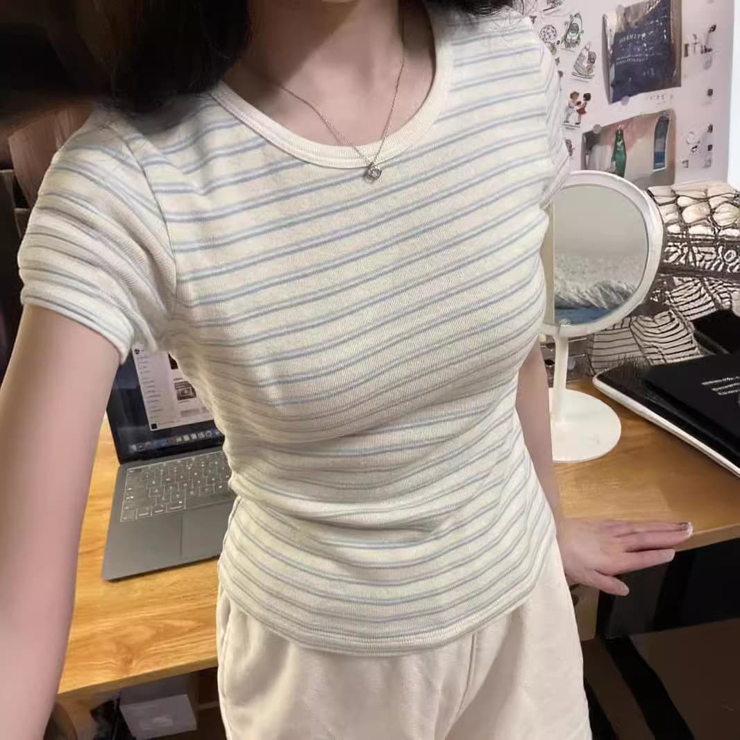 BM Style Blue and White Striped Short-Sleeve Women's T-Shirt, Square Shoulder, Summer 2024 New Arrival, Cotton Fitted Cropped Top