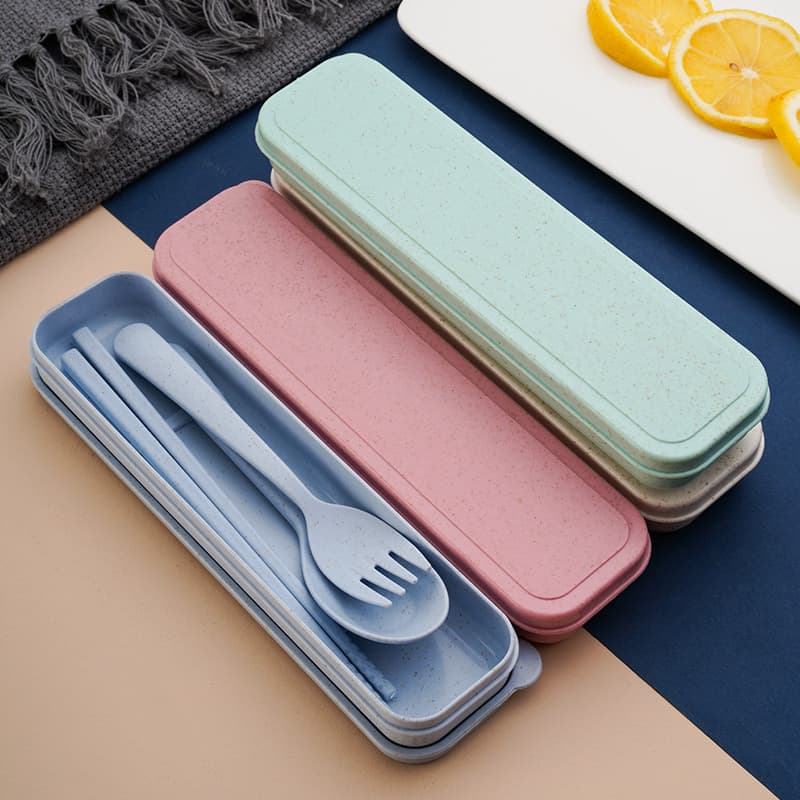 Wheat Straw Cutlery Three-Piece Spoon Fork Chopsticks Children Student Outdoor Travel Set Portable Drop-Resistant Factory Wholesale