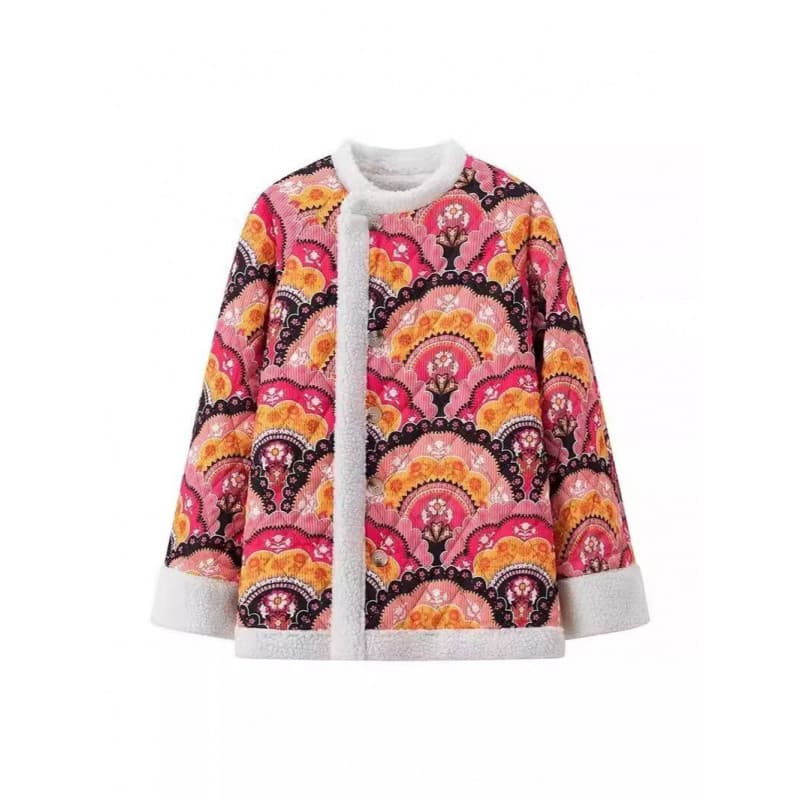 2024 Cross-border Autumn New Arrival: European and American Style Lambswool Printed Cotton Coat, Long Sleeve, Single-breasted, Floral Loose Fit