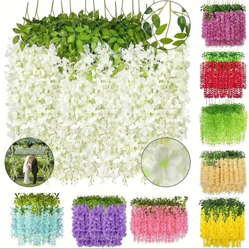 Artificial Wisteria Fake Flowers Violet Hanging Vine Ceiling Indoor Wedding Decoration Rattan Plastic Flower Vine Plant