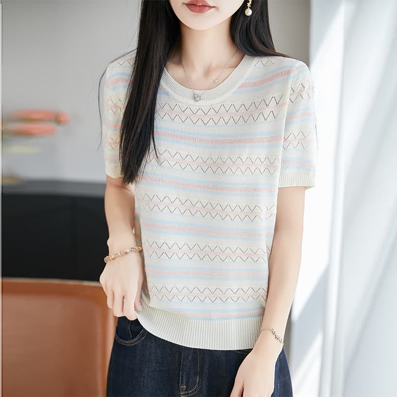 2026 Spring/Summer New Ice Silk Round Neck Knit Short Sleeve Women's Hollow Color Block Stripe Loose Fit Base Tee