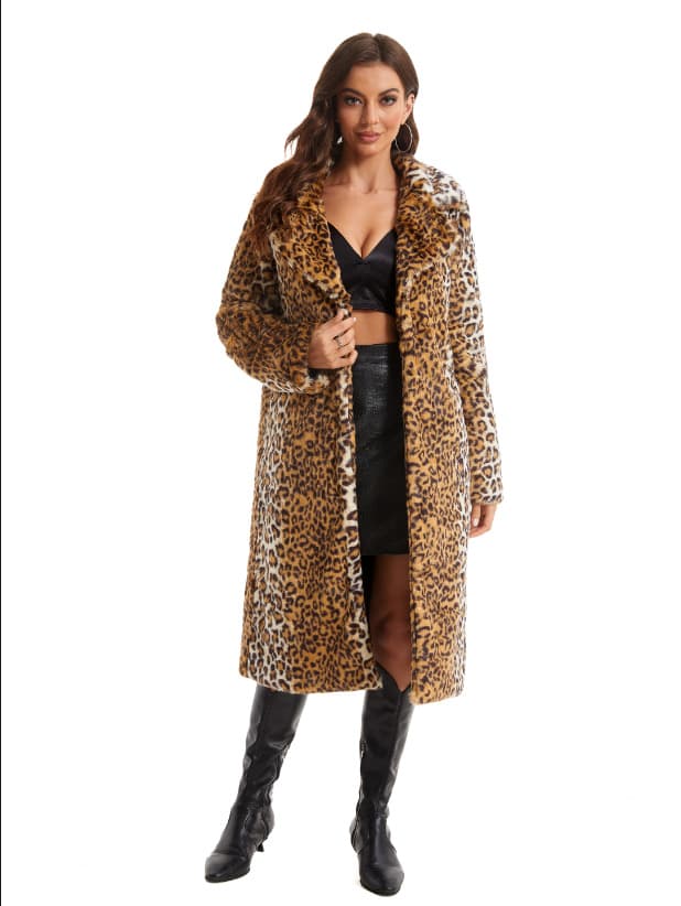 Leopard Print Faux Fur Coat for Women, Thick Warm Rabbit Fur Style, Plus Size Long Faux Fur Overcoat