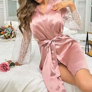 Cross-border Midnight Charm Lingerie Sexy Satin Nightgown Loungewear Pajamas Lace Backless Robe 2625