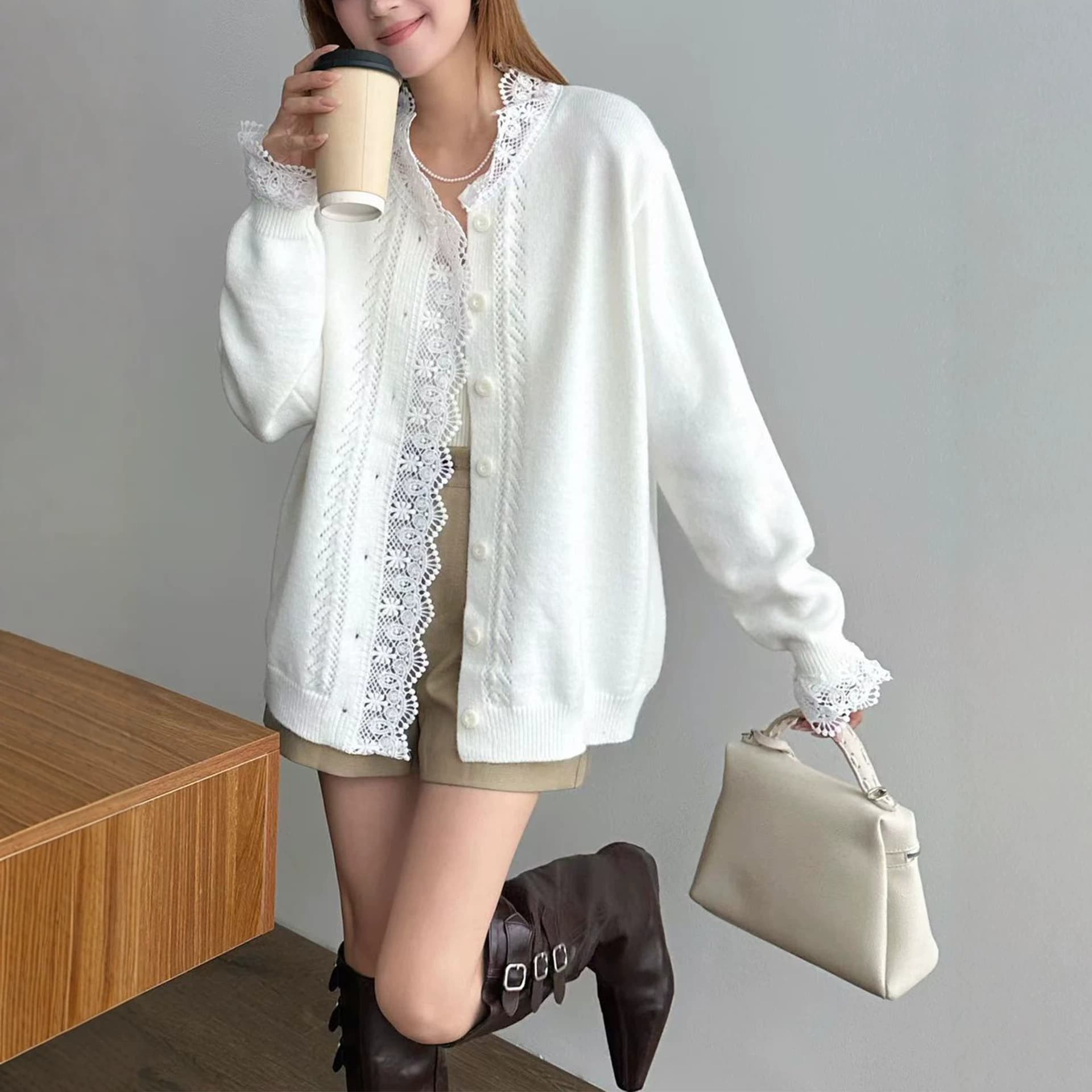 Spliced Lace Design Knit Cardigan for Women Fall/Winter 2026 French Chanel-Style High-End Open-Front Sweater