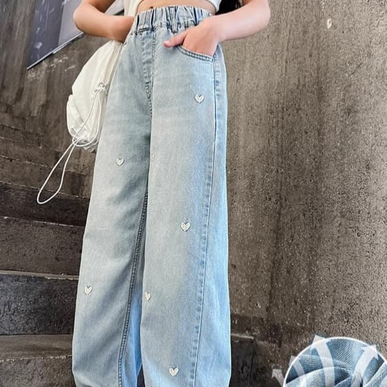 Girls' Ice Silk Pants Summer Thin Large Kids Casual Loose Wide Leg Pants Versatile Denim Jeans