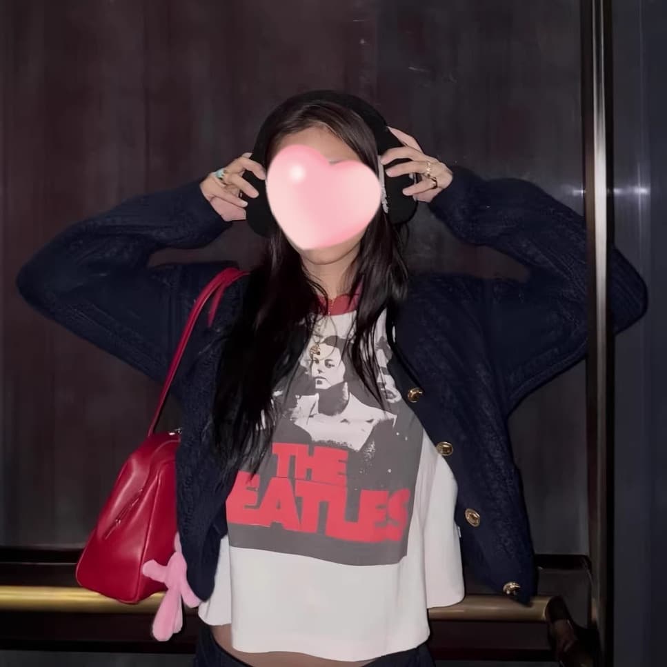 Current - Correct Version Korean Style Jennie Inspired Retro Contrast Beatles Graphic Print Short Sleeve Patchwork Top
