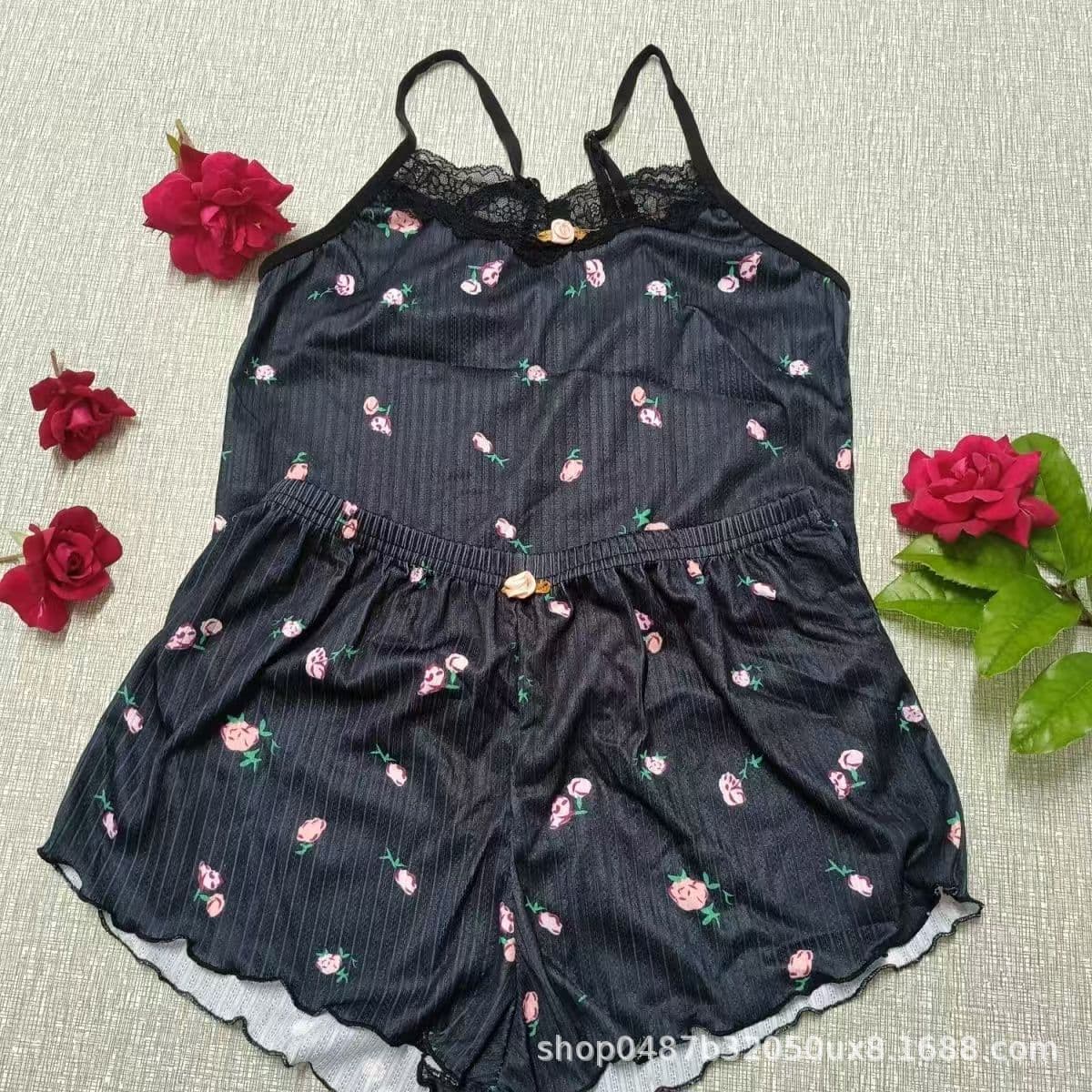 Cross-border Europe and America Hot Sale Printed Rib Jacquard Women's Floral Camisole and Shorts Pajama Set Two-Piece