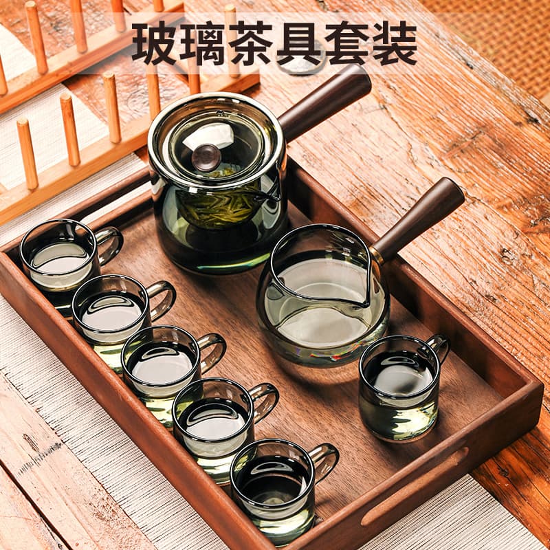 High borosilicate smoke gray glass teapot side handle pot solid wood handle pot Kung Fu tea set household large capacity teapot