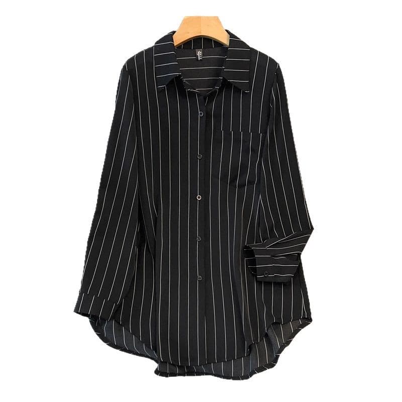High Quality Plus Size Tencel Shirt Spring Summer 300 Jin Fat MM Top Black Striped Shirt Women Cover Meat Show Thin