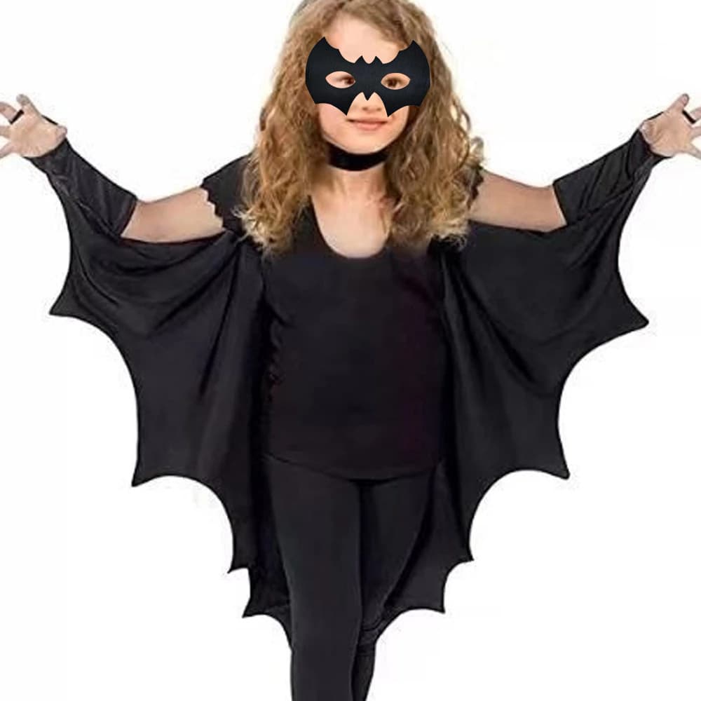 Cross-border Europe and America Halloween Cape Bat-shaped Children's Cape Jumpsuit Catwoman Black Cape with Eye Mask Set