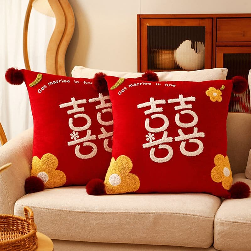 Red Wedding Pillow Pair for Bed and Sofa, Newlywed Double Happiness Cushion for Bridal Chamber Decoration