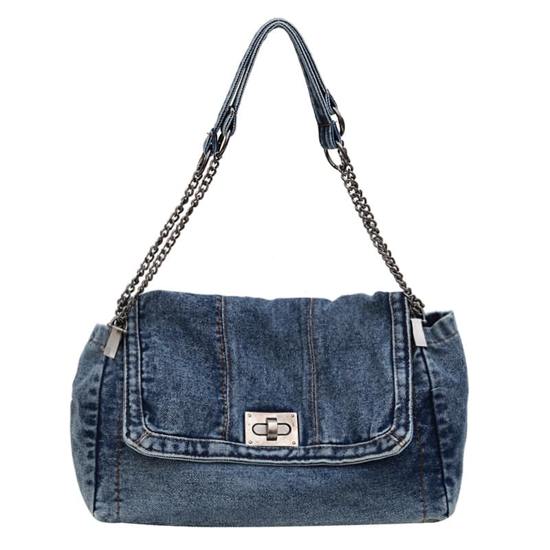 Vintage Casual Denim Bag for Women 2024 New Style Premium Chain Shoulder Bag Large Capacity Commuter Tote Bag