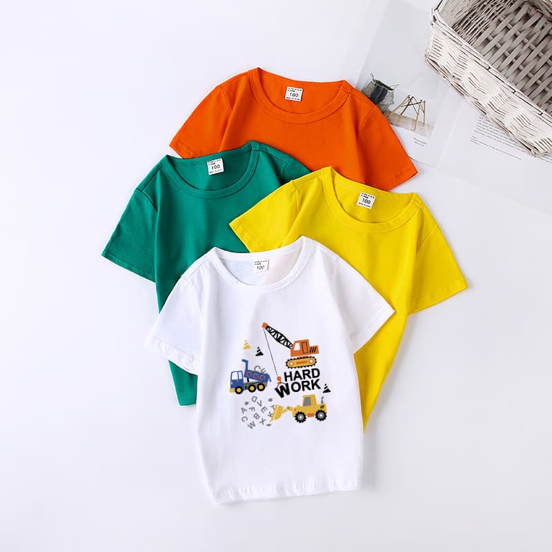 2026 Summer Korean Style Boys' Excavator Print T-Shirt Short Sleeve 100% Pure Cotton Class A Trendy In-Stock One-Piece Dropshipping