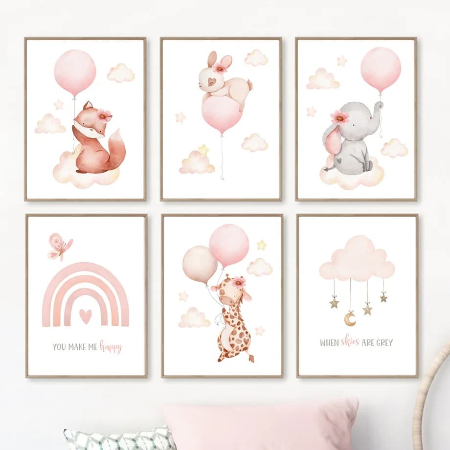 Pink Cartoon Animal Watercolor Weather Rainbow Balloon Rabbit Elephant Girls' Bedroom Canvas Print