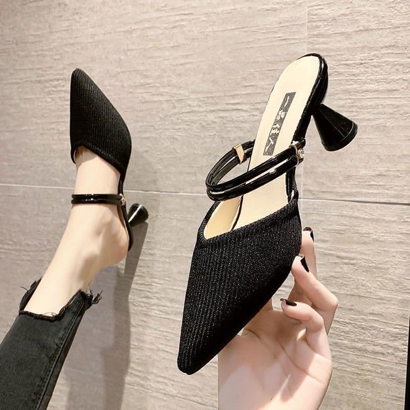 Two-Way Wear Sandals for Women 2025 Spring Summer New Knit High Heels Outdoor Elevated One-Strap Open-Toe Half Slippers