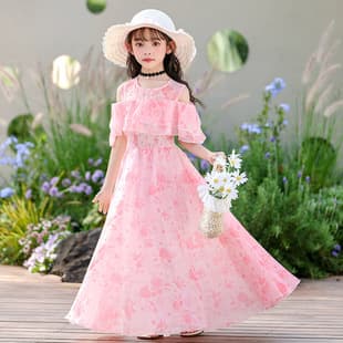 Girls Dress Summer 2025 New Fashionable Chiffon Children's Princess Dress Summer Trendy Short Sleeve Long Dress