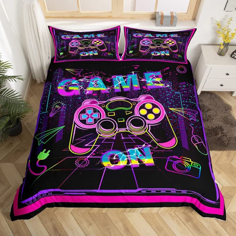 Cross-Border Gamer Neon Purple Pink Game Controller Print Duvet Cover Set Bedroom Guest Room Bedding