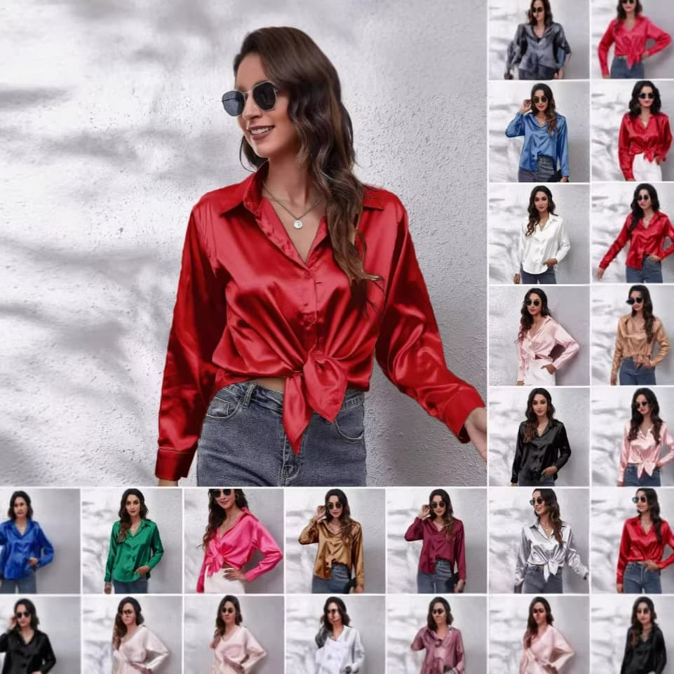 2026 European and American Foreign Trade Cross-Border Women's New Style Shirt Satin Imitation Silk Long-Sleeved Shirt