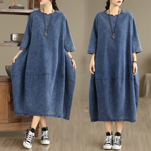 Vintage sleeve denim dress, early spring new style, plus size loose women's casual slim fit extended dress