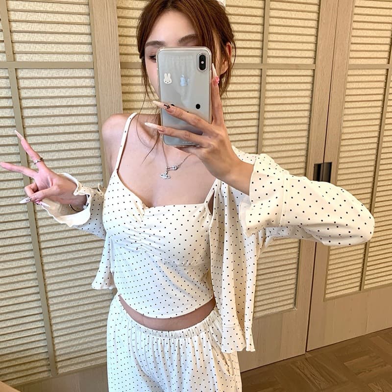 Korean Dongdaemun Polka Dot Modal Autumn/Winter New Homewear Three-Piece Set Camisole Pajamas for Women Pure Desire Homewear